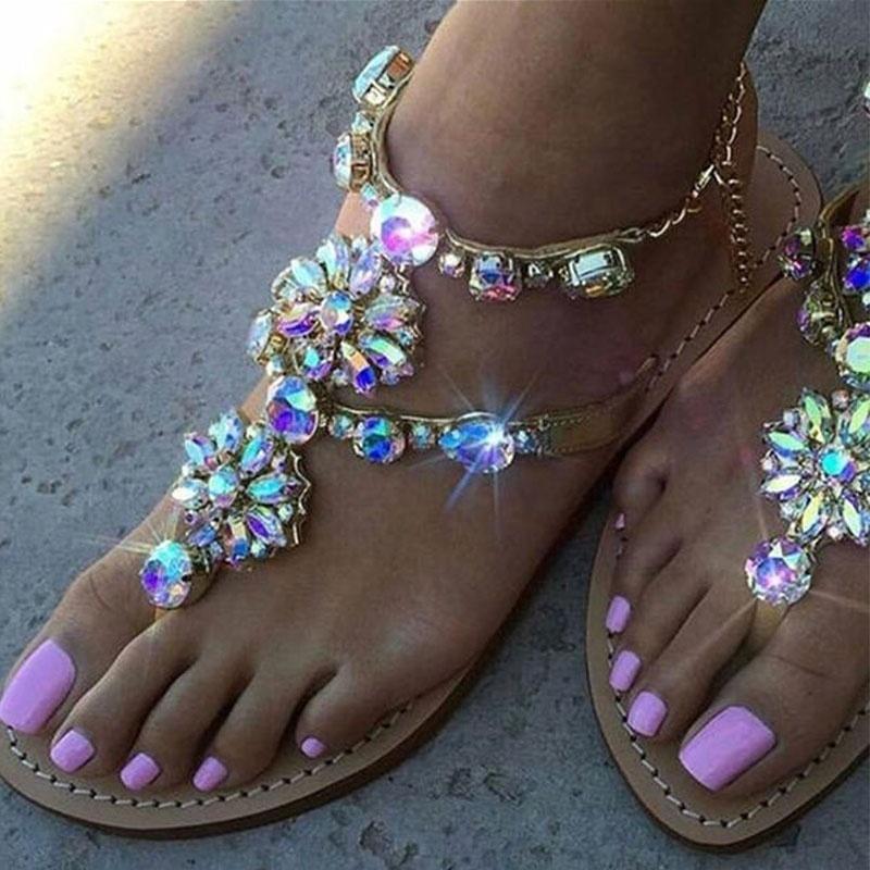 Women Fashion Beach Shoes Rhinestone Metal Chain Crystal Sandals Slip On Flip Flops Sandals