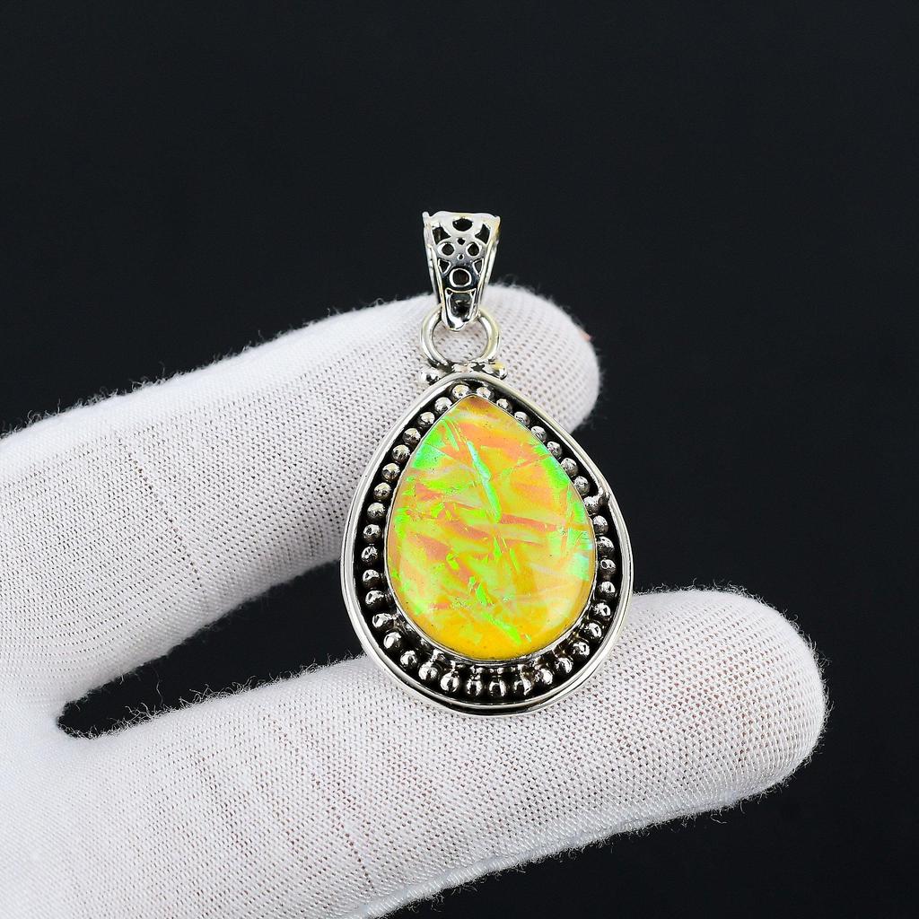 Yellow Triplet Fire Opal Gemstone Handmade 925 Sterling Silver Jewelry Pendant Yellow Triplet Fire Opal Gemstone Pendant For Gifts