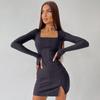 Ribbed Women Solid Long Sleeve Slit Mini Dress Square Collar Bodycon Sexy Streetwear Party Club Autumn Winter