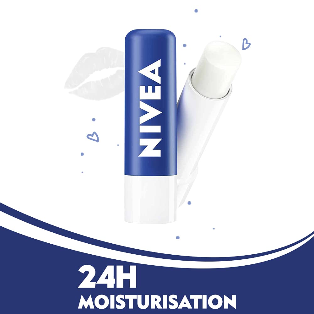 Nivea Оригинальный бальзам для губ в стике для сухих губ 4,8 г Упаковка 1 шт. | 24 часа увлажнения с натуральными маслами | Прозрачный блеск для гладких губ