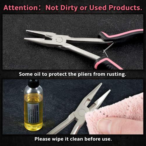 LEONTOOL Mini Long Nose Pliers, Long Reach, Slim, Pink, Women's Size, Miniature, Lightweight, Non-Slip, Serrated, Grooved, Cutting Blade, Effortless F