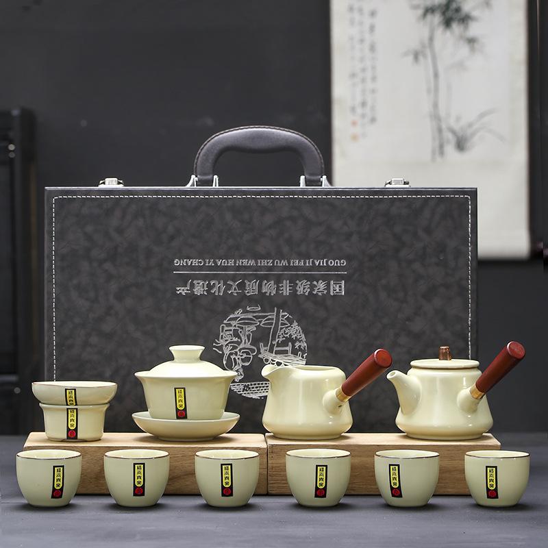 Ru kiln ceramic kung fu tea set, simple home office meeting guests, double-sided anti-scalding teapot, teacup cover bowl