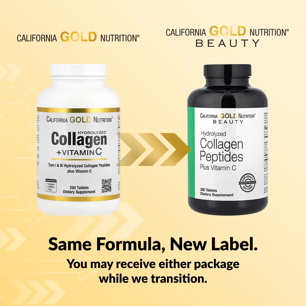 California Gold Nutrition Hydrolyzed Collagen Peptides + Vitamin C, Types I & III, 250 Tablets