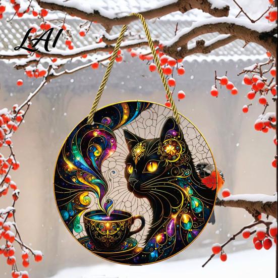 Colorful Gradient Glass Craft Stained Style Black Cat And Magic Coffee Cup Hanging Ornament for Window Wall Tiffany Art Decor Acrylic Sun Catcher
