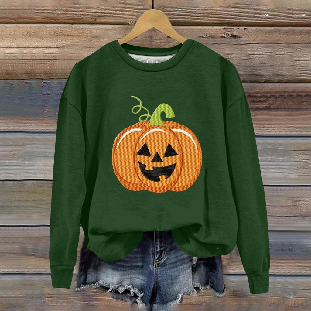 Женская мода Хэллоуин с длинным рукавом с принтом Свободная толстовка с круглым вырезом Топ