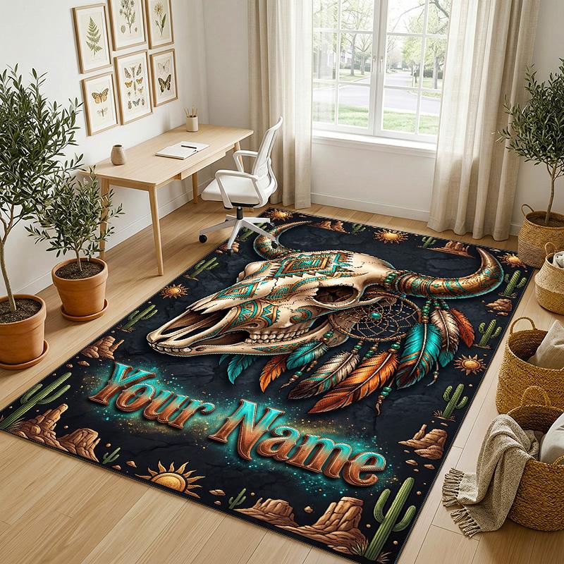 Cow Highland Theme Crystal Velvet Rug Personalized Custom Name Text Soft Floor Mat Home Decor