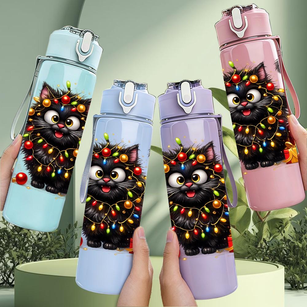 1PC Festive Gift Box Black Cat Cartoon Print 750ml Color Plastic Sports Water Bottle Leakproof Flip Straw Lid Suitable for Sports Office Home Use