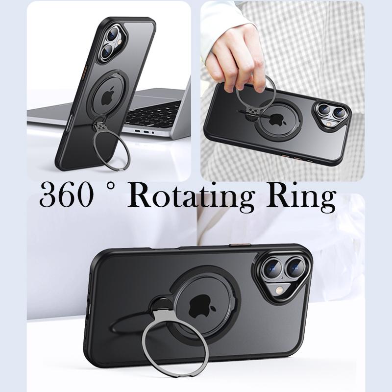 KEYSION Прозрачный матовый чехол для MagSafe для iPhone 16 16 Plus с вращающимся на 360 ° магнитным кольцом-подставкой, противоударная задняя крышка для телефона