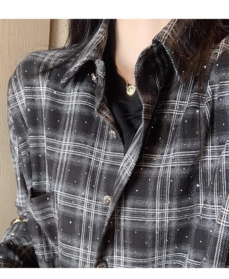 Клетчатая рубашка, украшенная стразами: Женский модный свободный кардиган с длинным рукавом для весны и осени.