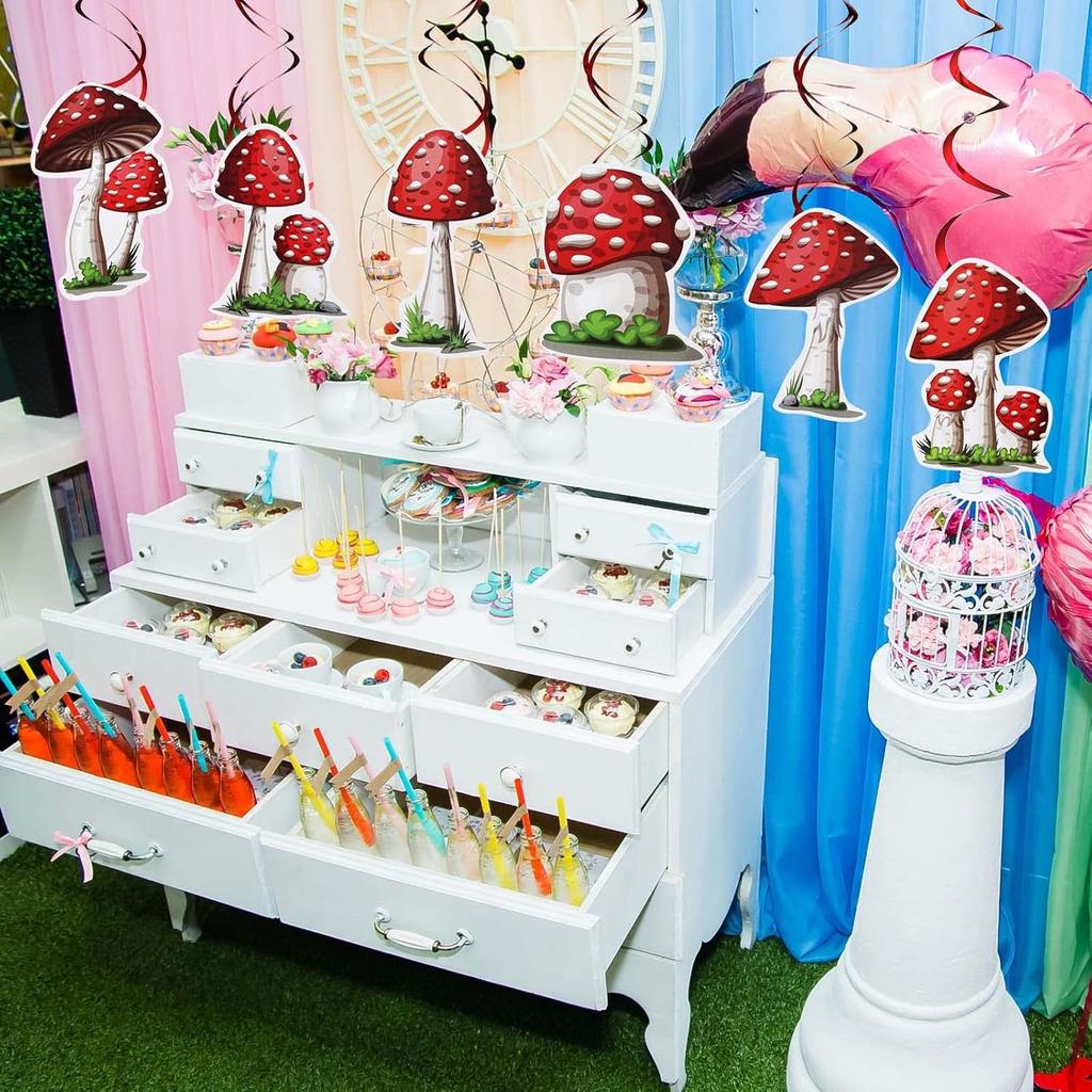30 Pieces Birthday Party Decorations Mushroom Hanging Swirls Ceiling Streamers Mushroom Party Supplies Wonderland Foil Swirls Wall Decor for Baby