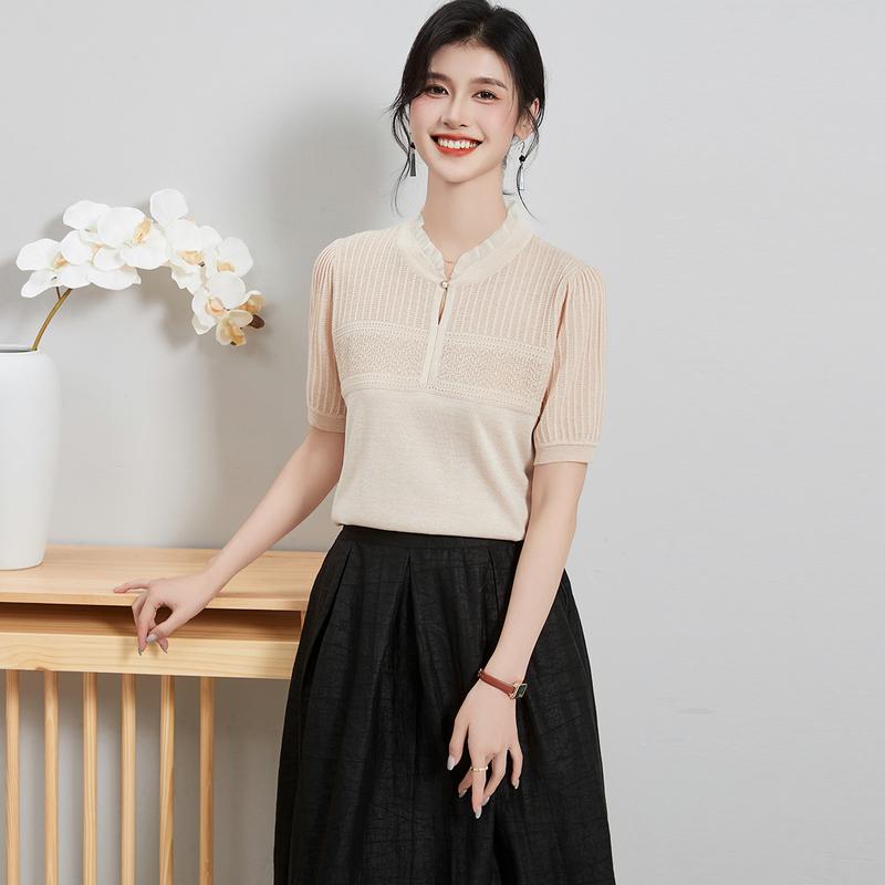 Mulberry silk summer solid color round neck design, pearl three-dimensional decoration, comfortable and breathable women's T-shirt, knitted sweater
