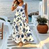 Bohemian Blue White A-Line Maxi Dress Lightweight,Elegant Versatile for Vacation,Daily Casual Wear