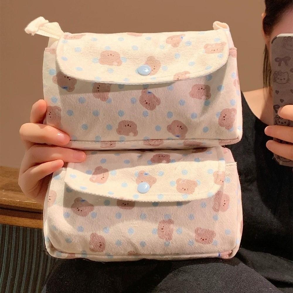 Button-closure Pencil Pouch Bear Printed Pencil Case Stylish Pen Bag  School Supplies