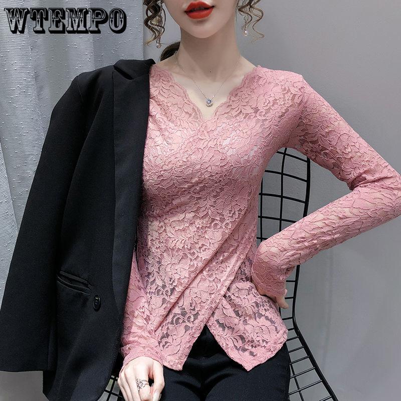 Autumn and Winter Padded Sexy V-neck Long-sleeved Cross Slim Age-reducing Blouse Hundred Lace Bottoming Shirt