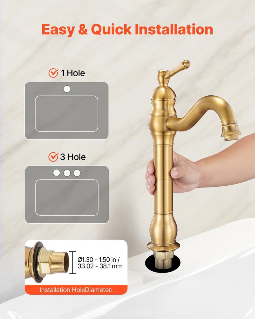 Single Handle Sink Faucet, Solid Brass Single Handle Kitchen Faucet, 1 or 3 Hole Kitchen Faucets with Push-Button Drain, Suitable for Bathroom, RV,