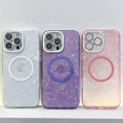 Чехол для мобильного телефона iPhone16ProMax с гальваническим покрытием и узором ракушки, с линзой с флеш-пудрой, подходит для Apple 15, магнитный чехол
