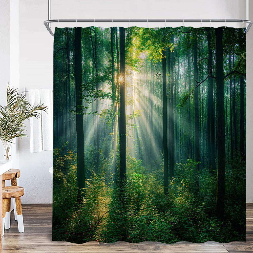 Natural Landscape Waterfall Forest Shower Curtain Scenery Green Leaves Plants Bathroom Decor Polyester Bath Curtain for Home