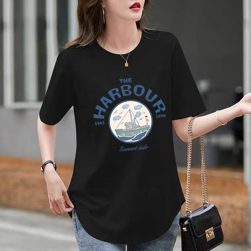 T-shirt Loose Top Black Cotton Round Neck Short Sleeve Women's Summer Curved Hem Split Fork Medium and Long Butt Cover