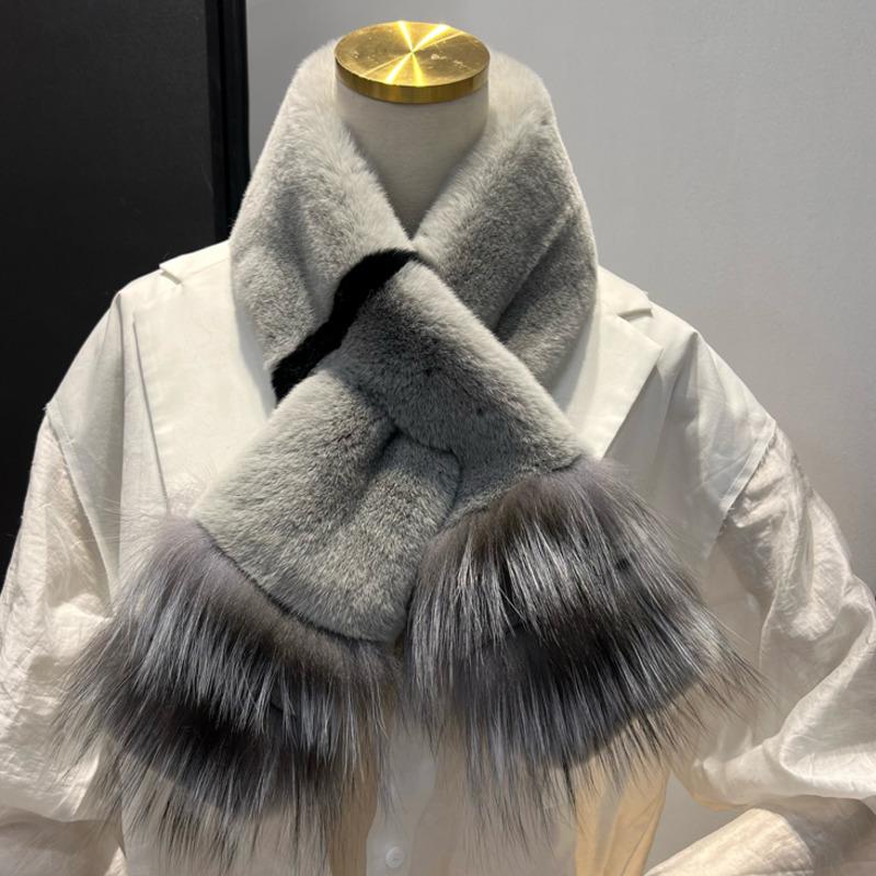 Real Rex Rabbit Fur Scarf women Winter Warmth Thick Double-sided Fur Scarves with fox fur Natural Fur Mufflers Lady Fur Scarf