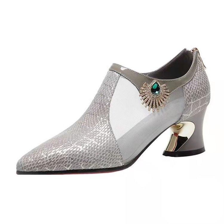 Fashionable Versatile Mesh Hollow Sandals for Women's New Breathable Pointed Thick Heel Middle Heel Shoes