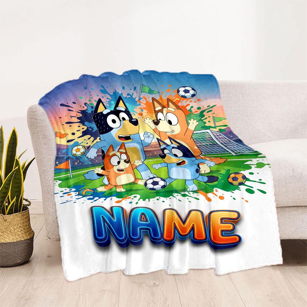 Bluey's Soccer Adventure Customize Your Name Blanket Gift Personalized Blanket Comfortable Versatile for Office Chair Couch Nap Picnics