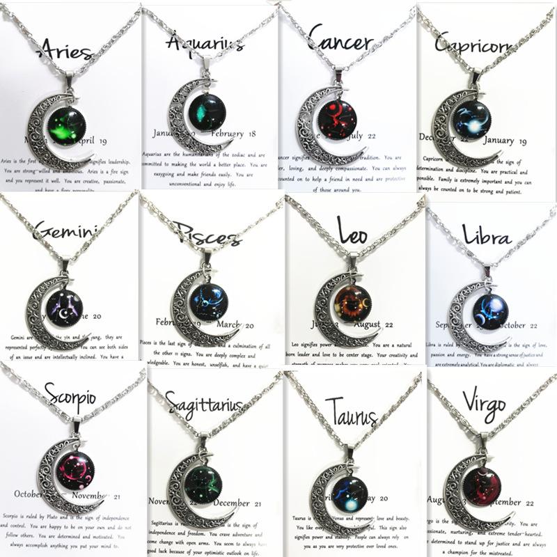 Новое европейское и американское светящееся ожерелье с двенадцатью знаками зодиака, винтажный кулон в виде луны, короткое ожерелье