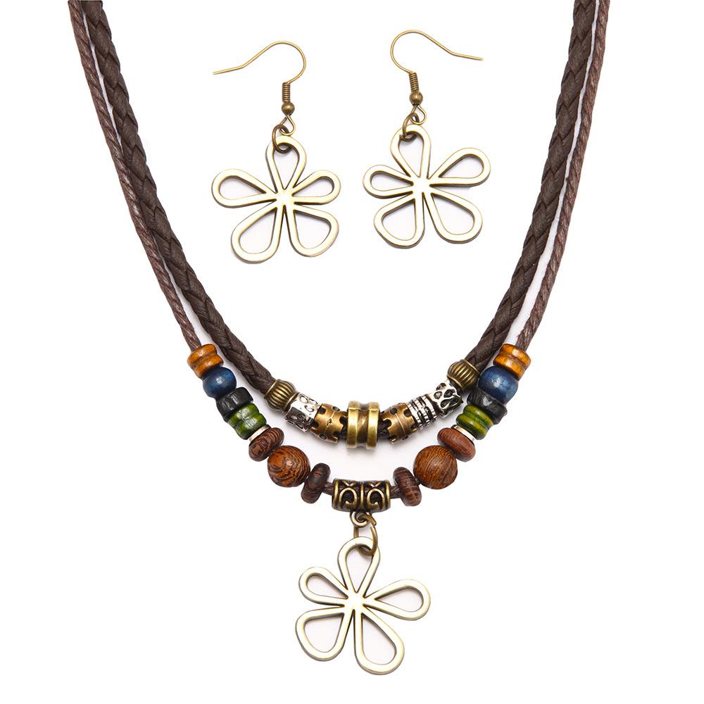 Trendy Five Leaf Clover Beaded Necklace And Earrings Set With Braided Wax Cord Pendant For Casual Everyday Wear