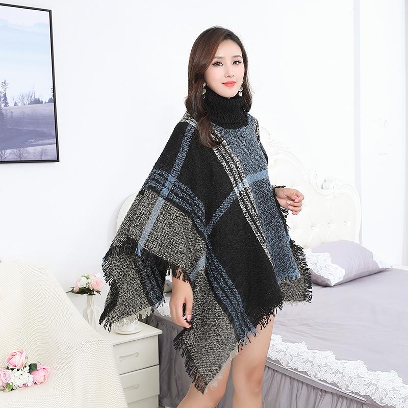 European and American High Neck Plaid Cape - Batwing Sleeve Knitted Pullover Shawl for Women