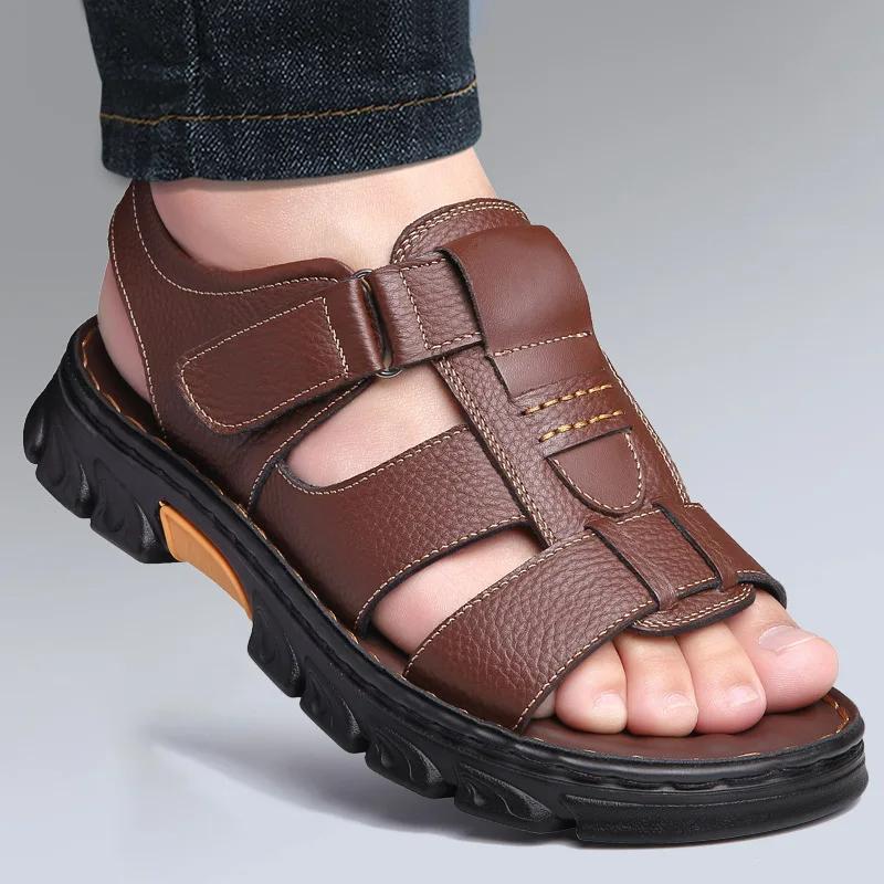 Summer Beach Men's Sandals Buckle Strap Cowhide Slippers Men Outdoor Non-slip Comfortable Platform Sandals for Men Roman Sandals