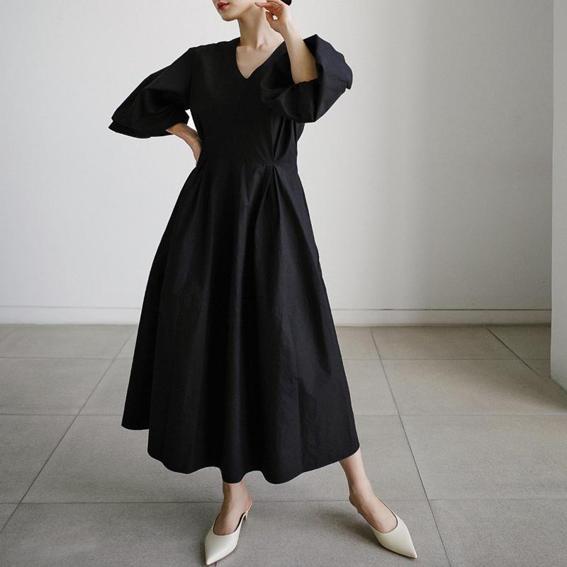 Johnature Корейские женские платья, летние простые свободные однотонные карманы с пышными рукавами, повседневное женское платье