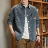 Американский винтажный выстиранный осенний джинсовый жакет карго мужской лацкан однотонный карманы однобортный трендовый с длинным рукавом свободный ковбойский плащ