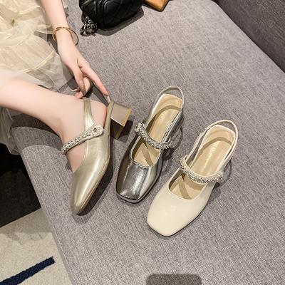 Французские туфли Мэри Джейн на высоком каблуке со стразами Женские летние 2025 Универсальные женские сандалии с толстым каблуком и пряжкой Ретро ремешок Обувь на платформе