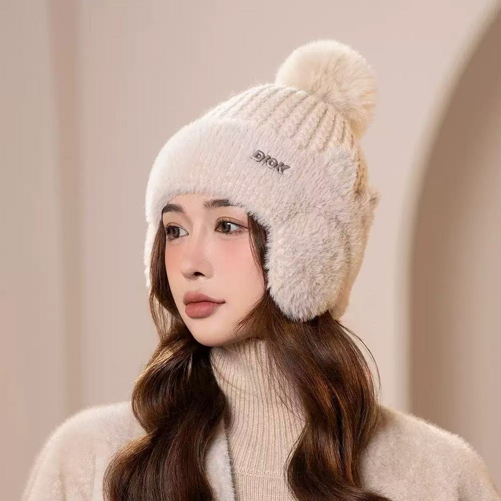 New winter hairball cap children's versatile polka dot knitted pullover wool cap fleece ear protector windproof warm hat moisture