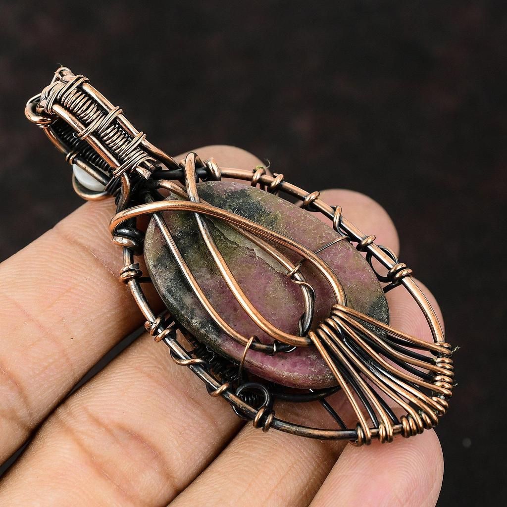 Подвеска из родонита от сглаза, драгоценный камень, обернутый в проволоку, подвеска из лунного камня, медная бижутерия, кулон ручной работы от сглаза, подарок для матери