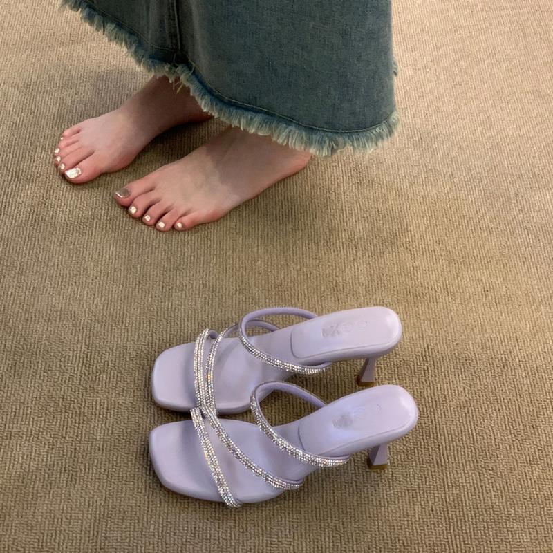 Яркая морская звезда под ночным небом с крутыми шлепанцами, женские сандалии со стразами на лето, шлепанцы на высоком каблуке с квадратным носком