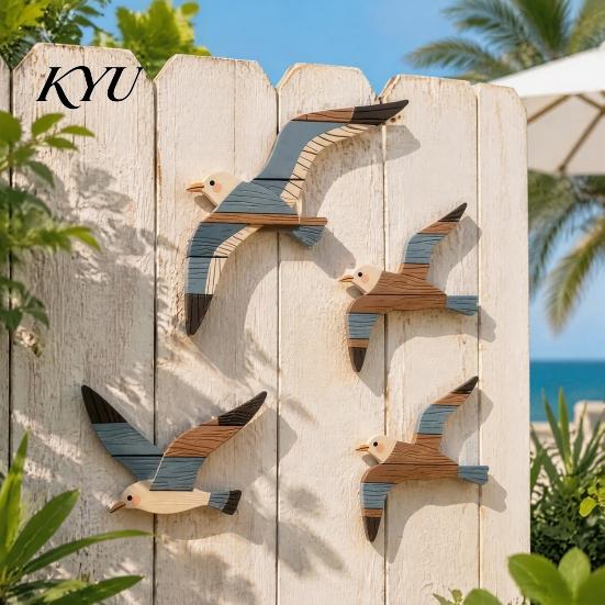 Seaside Villa Patio Decor 3/4Pcs Seagull Wall Decor, Nautical Coastal Theme Art, 3D Wooden Accents Adhesive Sculpture for Home Bedroom Living Room Art