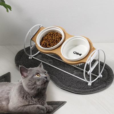Керамическая миска для кошек Двойная миска Миска для кошачьего корма Высокая Подставка из массива дерева для мисок для собак Миска для еды и питья Наклонная Защита шеи Миска для кошачьего корма
