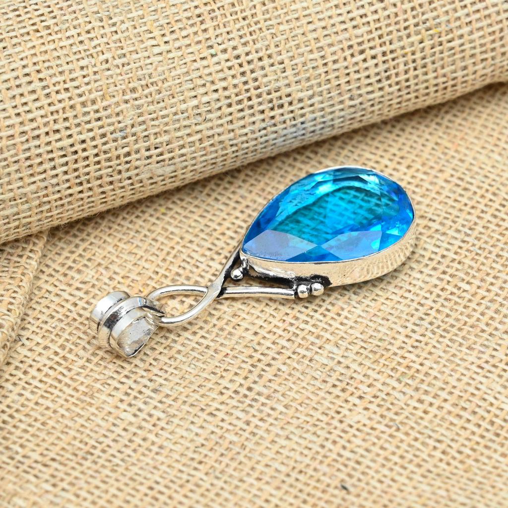 AAA+ Blue Topaz Gemstone Solid 925 Sterling Silver Jewelry Handmade Beautiful Pendant