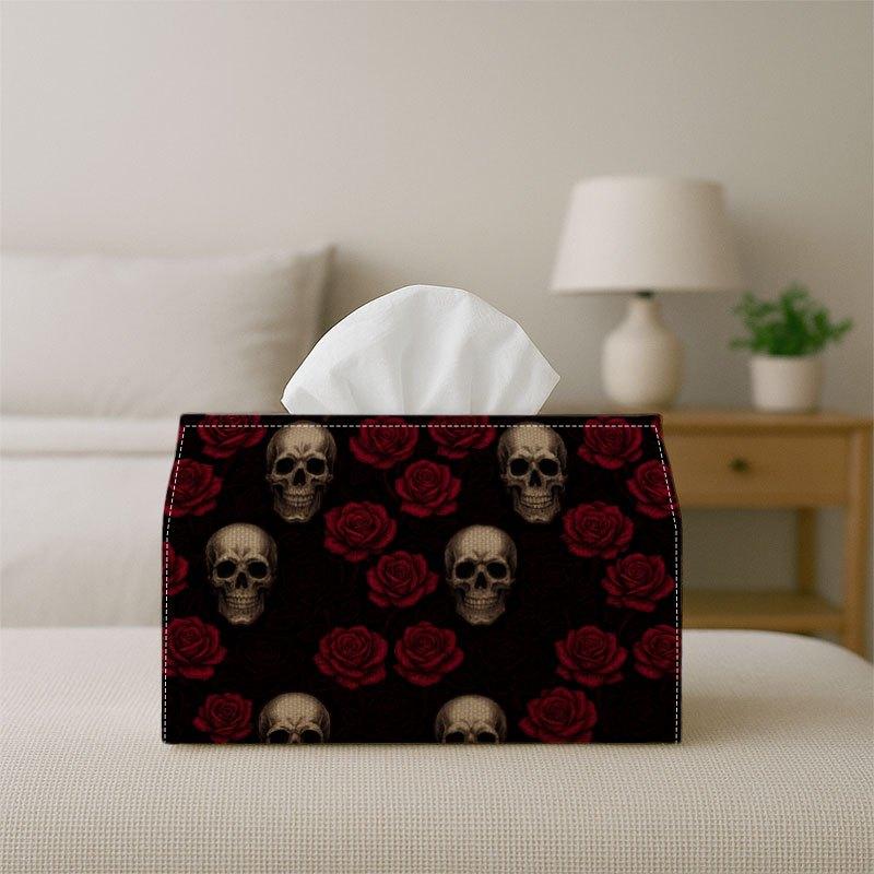 2D Flat 1pc Skull And Roses Tissue Box - A Dark Gothic Bold Napkin Holder for Home, Kitchen, And Car Decoration | A Versatile Fabric Tissue Dispenser