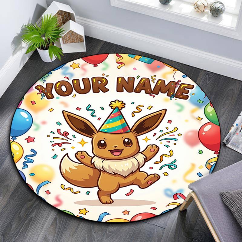 Custom Name,Eevee pattern round rug,Carpet Rug for Living Room Bedroom Playroom ,Non-slip Floor Mat,Holiday Gifts and Birthday Gifts.