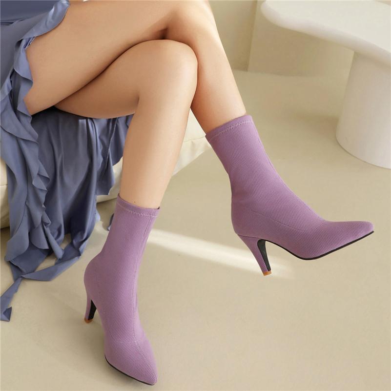 FOREADA Женские ботильоны с острым носком, на массивном высоком каблуке, эластичные короткие ботинки, женская модная обувь, осень-зима, фиолетовый, оранжевый, 46