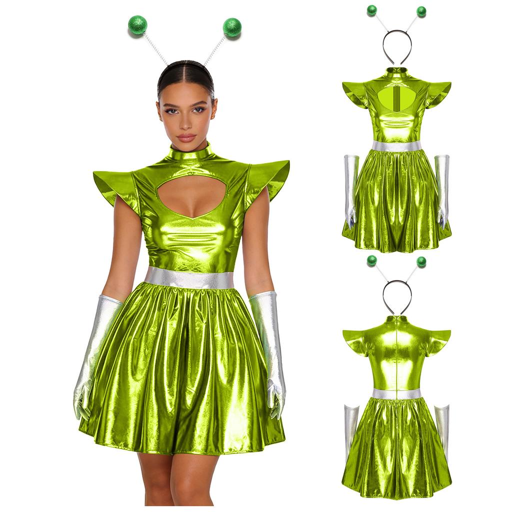 Halloween Alien Astronaut Costume for Women S-3XL: Glossy Dress with Matching Gloves & Hair Loop, Cutout Neck Theme Party