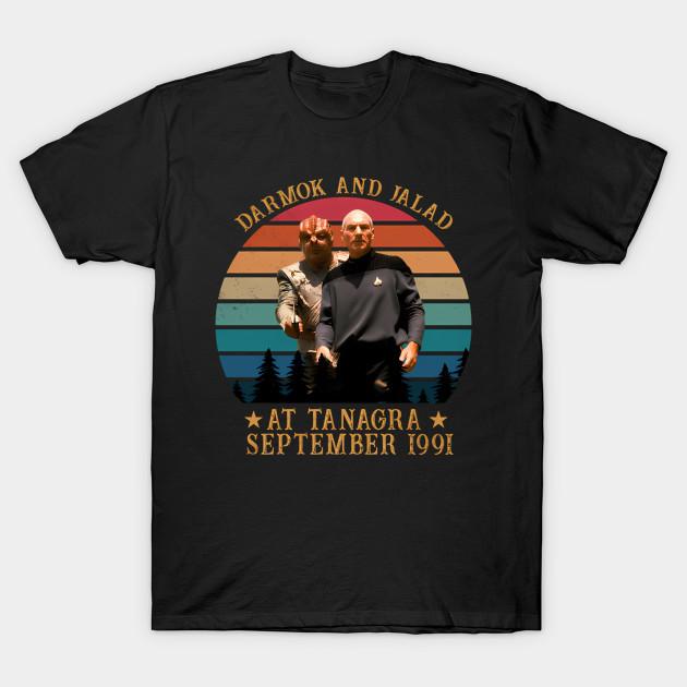 Asian Size Men Black Print T-shirt Darmok And Jalad At Tanagra Vintage 90S Tv Show No-Cut Heat Transfer Print Cotton Tshirt