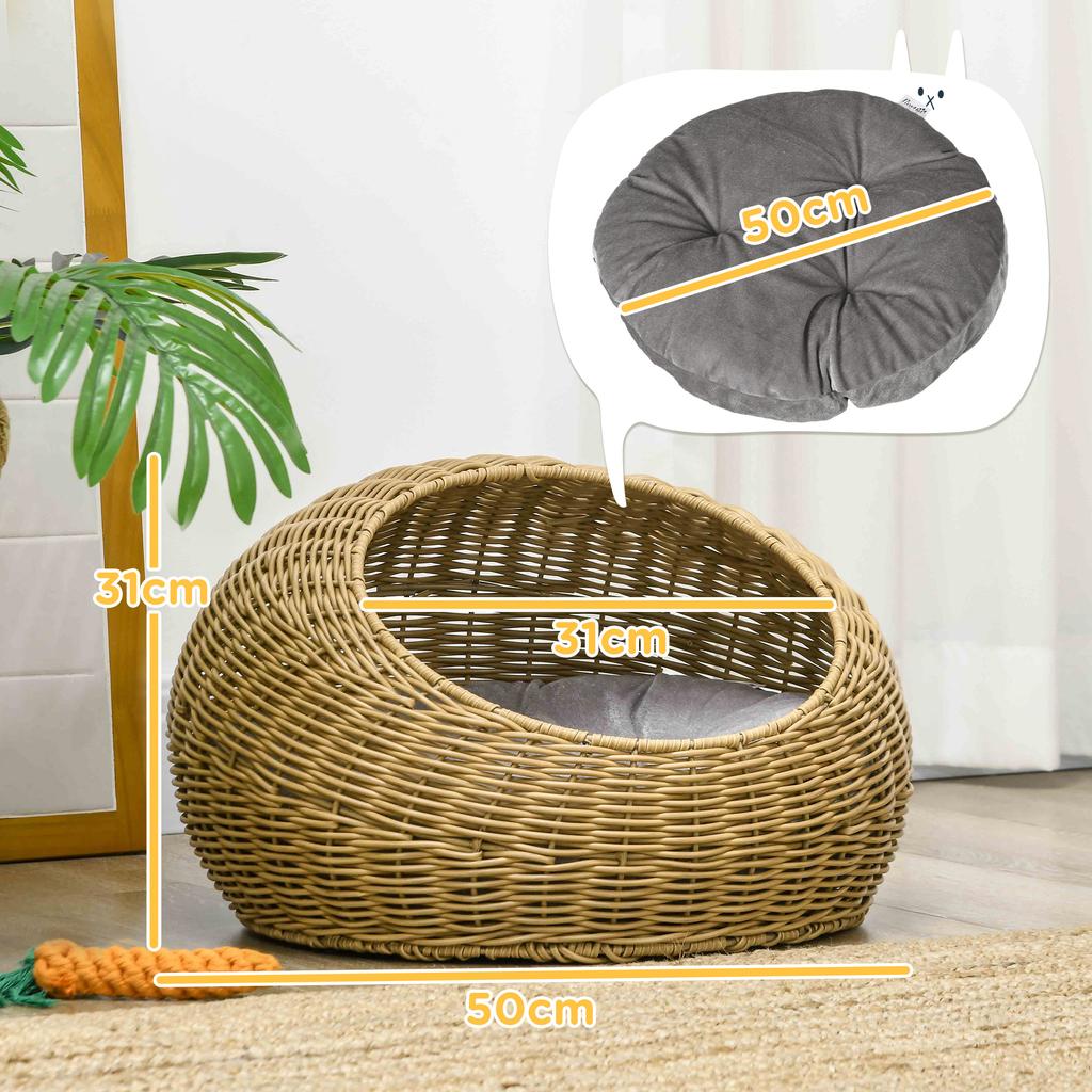 Cat Cave with Washable Cushion, for Pets Up to 4 kg, Indoor, Faux Rattan, diameter 50 x 31 cm, Light Brown