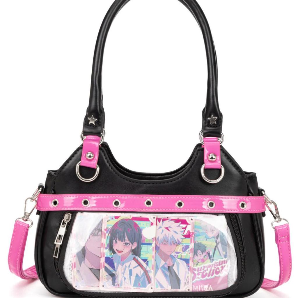 Japanese PU Leather Y2K Spicy Girl Ita Bag - Large Capacity Transparent Badge Crossbody for Students