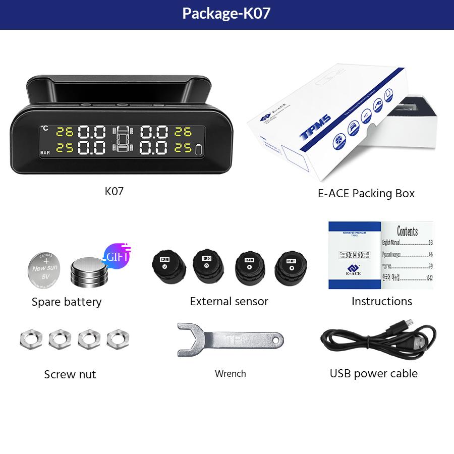 E-ACE TPMS Автомобильная система сигнализации давления в шинах Дисплей Интеллектуальное предупреждение о температуре с 4 датчиками Зарядка солнечной энергии