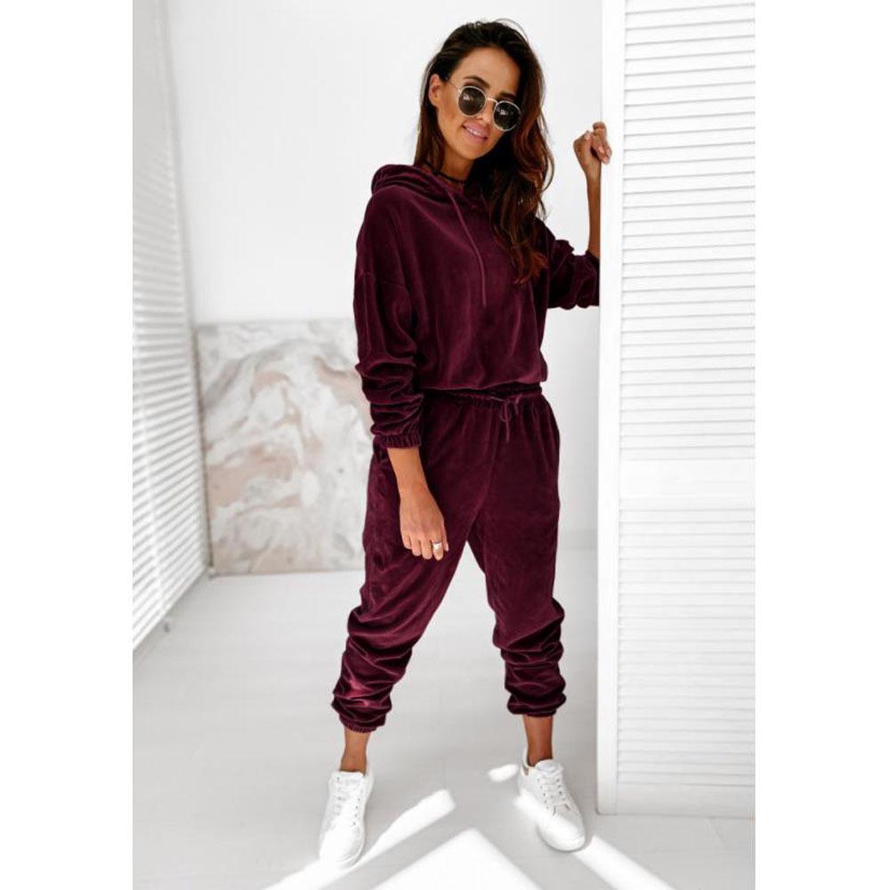 Women's Solid Color Gold Velvet Hooded Long-Sleeve Sports Casual Suit - Autumn/Winter 2021