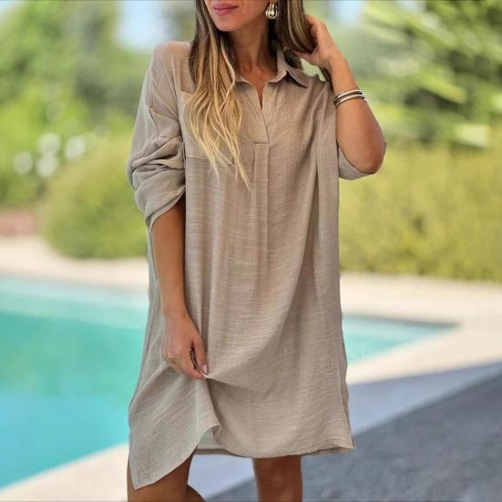 Lady Beach Shirt Dress with Cufflinks Thin Loose Side Slit Midi Dress