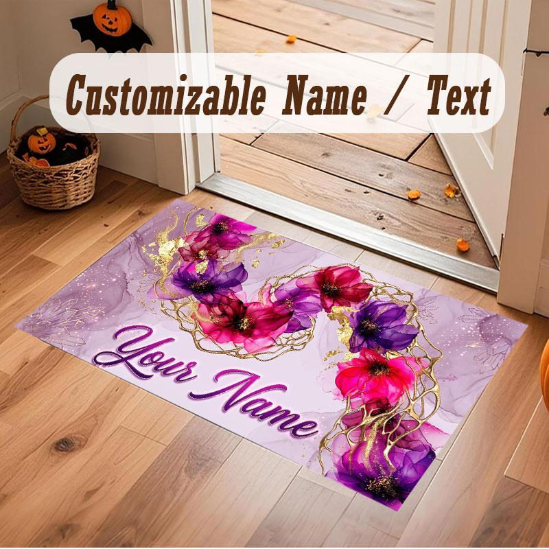 Floral Garden Theme Crystal Velvet Floor Rug Personalized Custom Name Text Warm Carpet Home Decoration