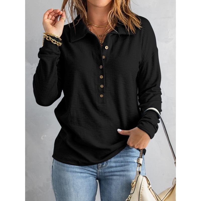 Autumn and Winter Solid Color Knitted Shirt Single breasted Flip Collar Loose Casual Top Women's Pullovers & Long Sleeves
